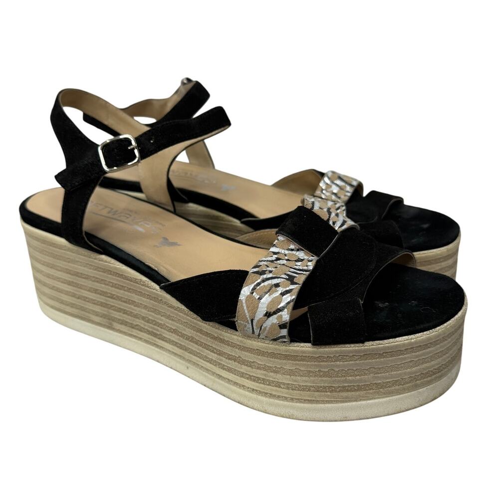 Softwaves Platform Wedge Sandals Womens Size 42 US 10.5 Black Animal Suede